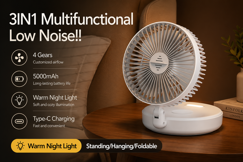Portable 3-in-1 Rechargeable Fan – Foldable, Wall Mount & Hanging Design with 4 Speeds