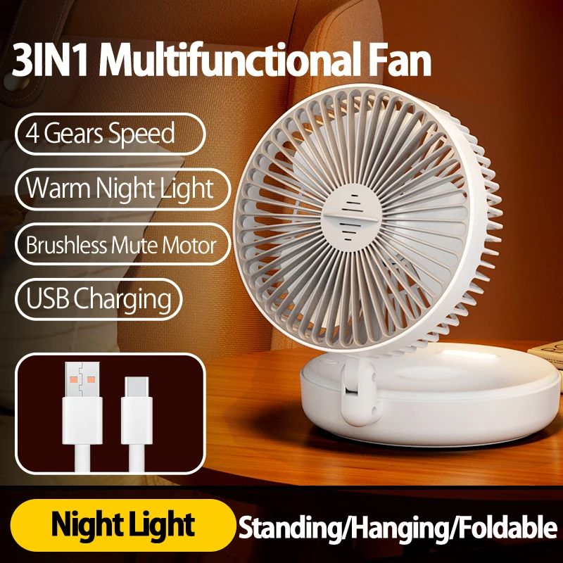 Portable 3-in-1 Rechargeable Fan – Foldable, Wall Mount & Hanging Design with 4 Speeds