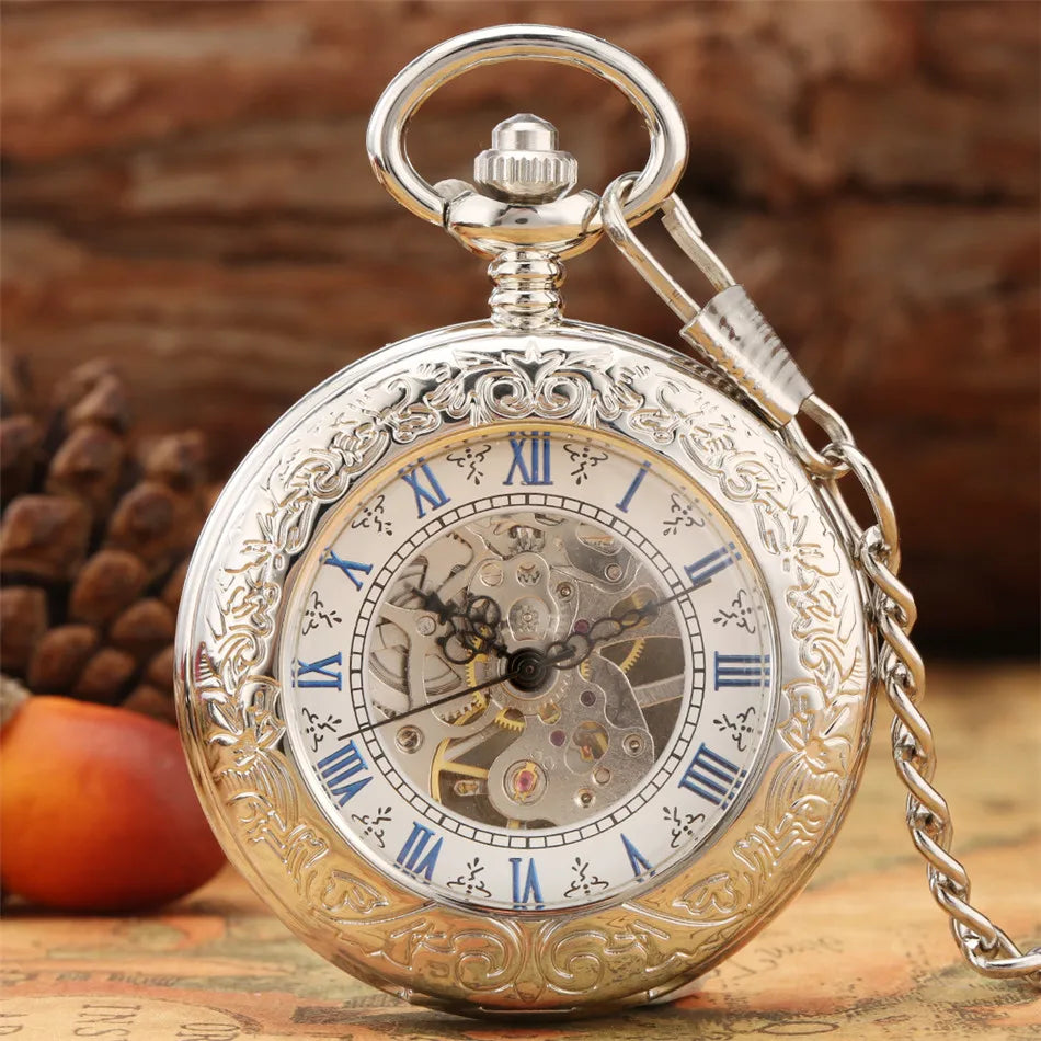 Silver Mechanical Hand Wind Antique Pocket Watch Exquisite Blue Roman Numerals Display Skeleton Pendant Clock Gifts Elder