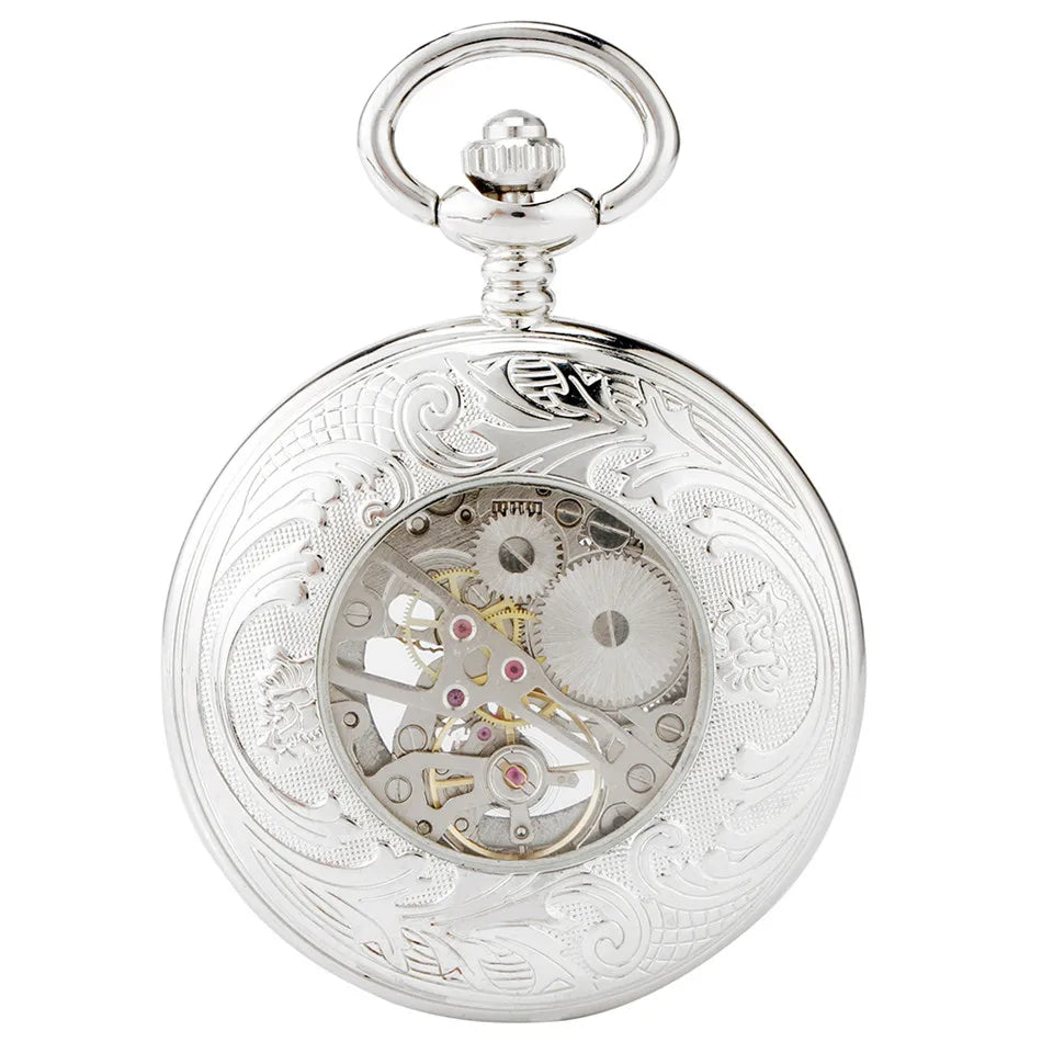Silver Mechanical Hand Wind Antique Pocket Watch Exquisite Blue Roman Numerals Display Skeleton Pendant Clock Gifts Elder