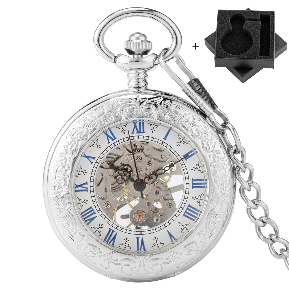 Silver Mechanical Hand Wind Antique Pocket Watch Exquisite Blue Roman Numerals Display Skeleton Pendant Clock Gifts Elder