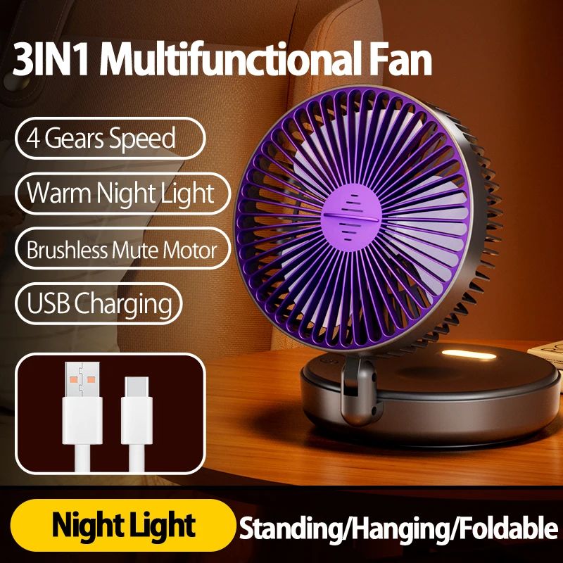 Portable 3-in-1 Rechargeable Fan – Foldable, Wall Mount & Hanging Design with 4 Speeds