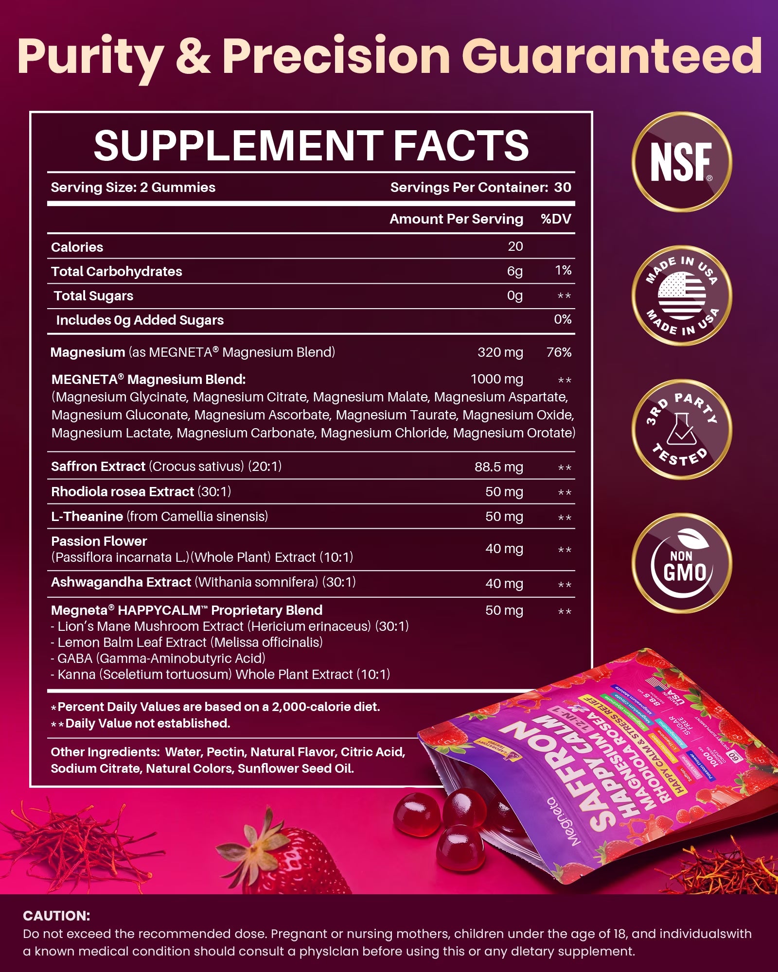 Magnesium Glycinate Gummies for Adults, Saffron Gummies with Rhodiola, L-Theanine & Ashwagandha - 21-In-1 Formula for Mood and Muscle Support, Stress Relief, Calm & Relaxation - Sugar-Free, 60 Count