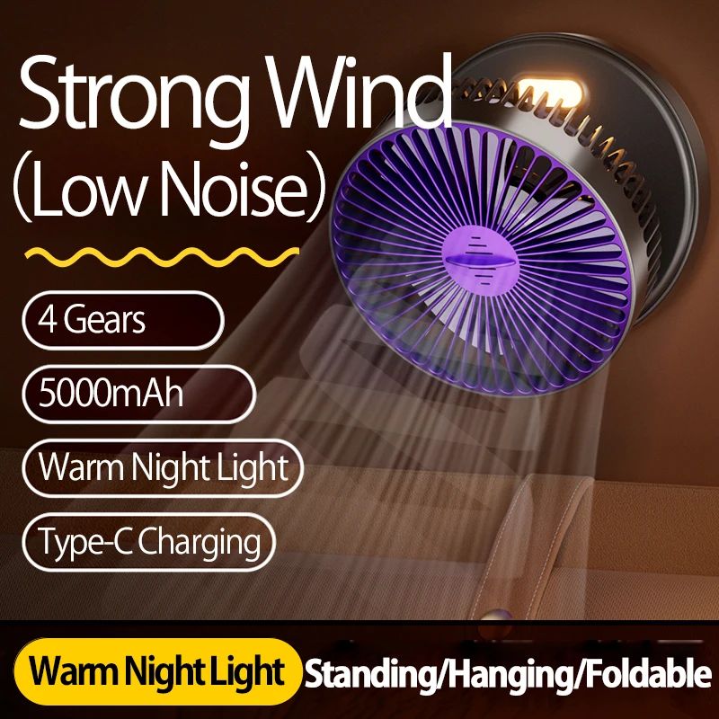 Portable 3-in-1 Rechargeable Fan – Foldable, Wall Mount & Hanging Design with 4 Speeds