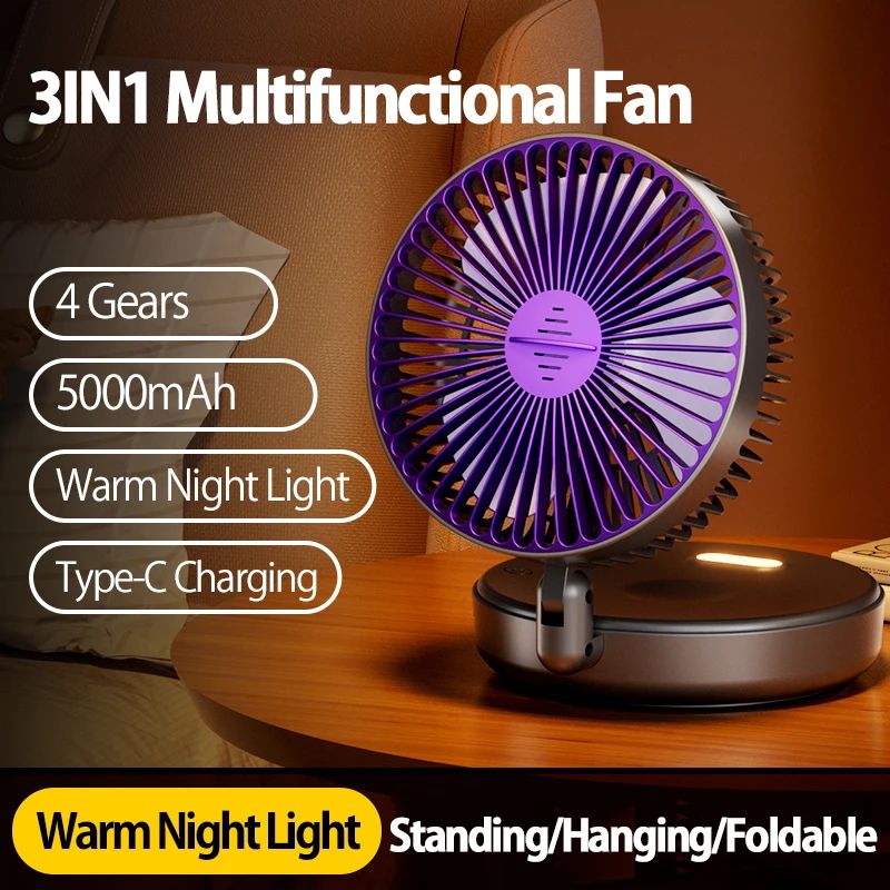 Portable 3-in-1 Rechargeable Fan – Foldable, Wall Mount & Hanging Design with 4 Speeds