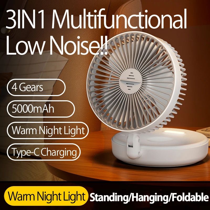 Portable 3-in-1 Rechargeable Fan – Foldable, Wall Mount & Hanging Design with 4 Speeds