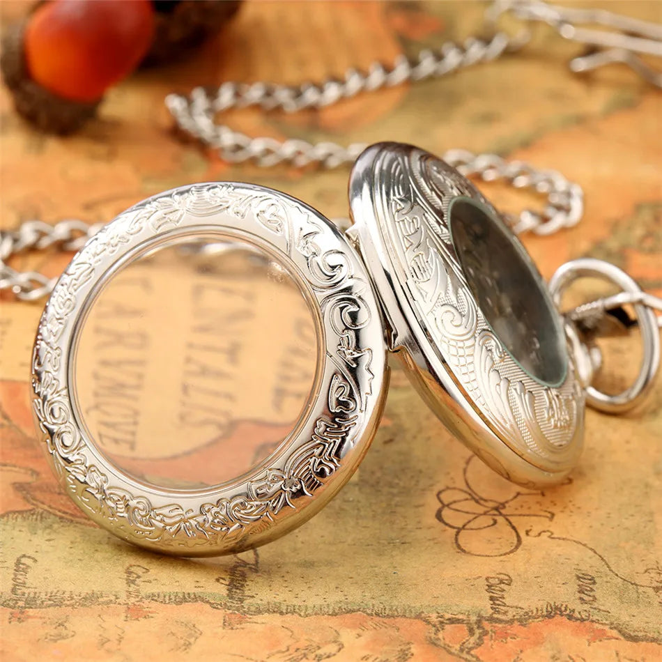 Silver Mechanical Hand Wind Antique Pocket Watch Exquisite Blue Roman Numerals Display Skeleton Pendant Clock Gifts Elder