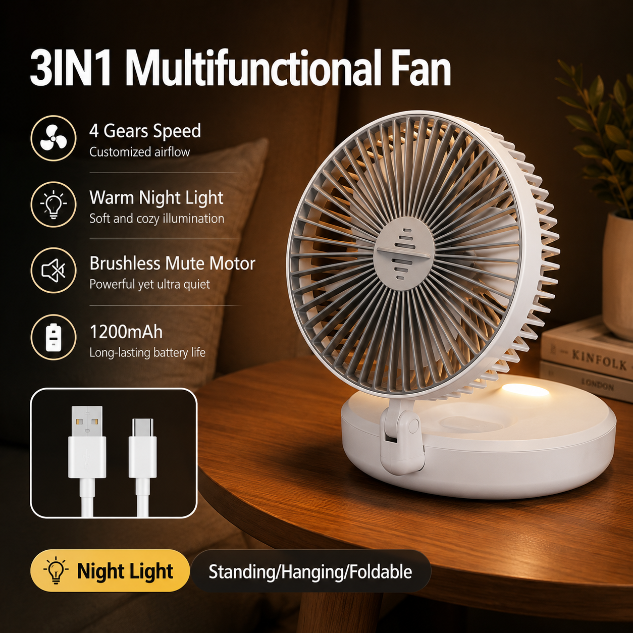 Portable 3-in-1 Rechargeable Fan – Foldable, Wall Mount & Hanging Design with 4 Speeds